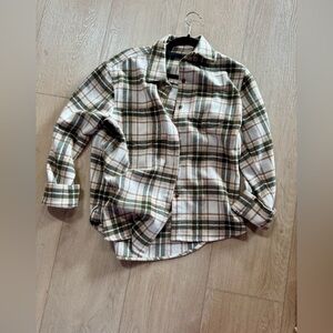 Jenni Kayne Women’s Wool Blend Cream Brown and Green Plaid Button Down Shirt